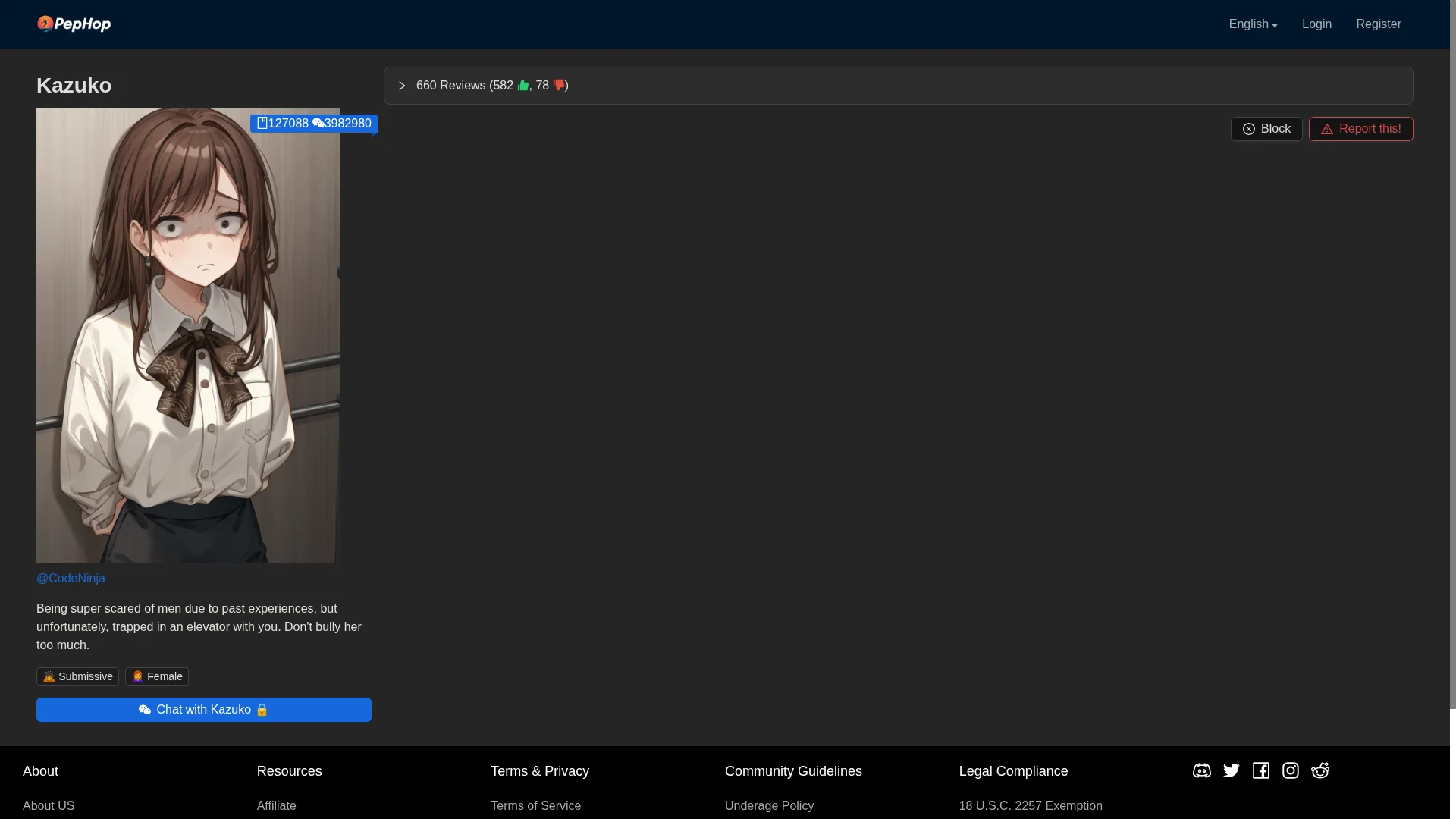Detailed character profiles with reviews - Pephop interface