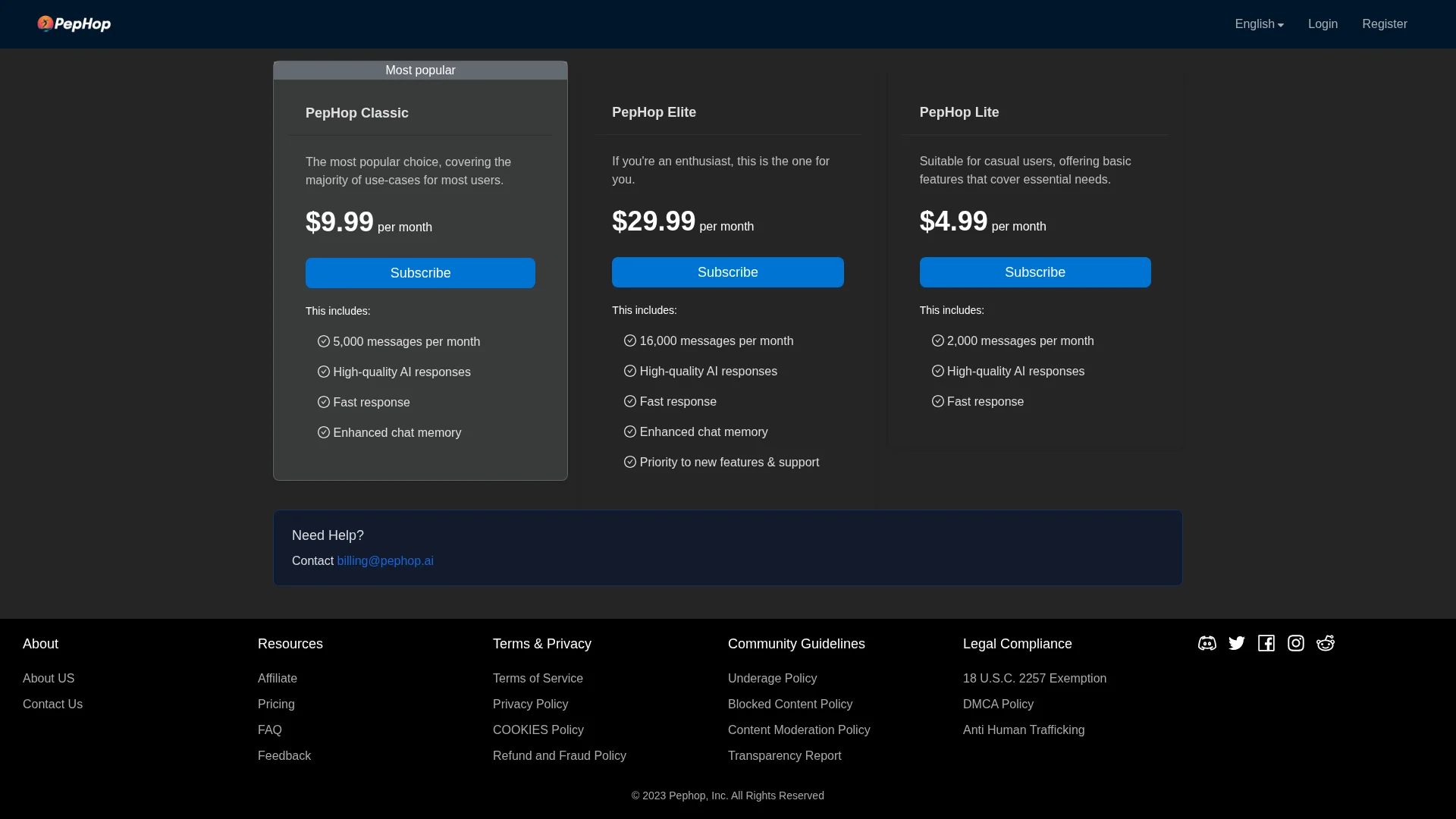 Simple and affordable subscription plans - Pephop interface