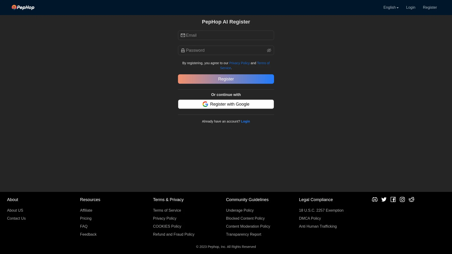 Sign up in seconds, free to start - Pephop interface